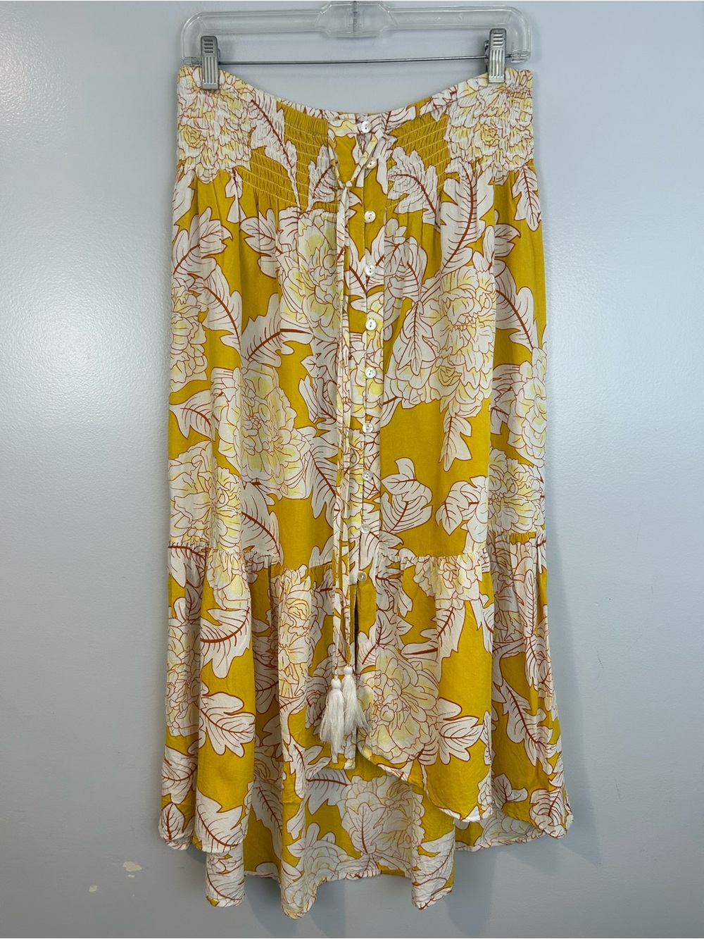 Spoon Jeans Yellow/White Floral Smoked High Low Tassle Midi Length Skirt Large